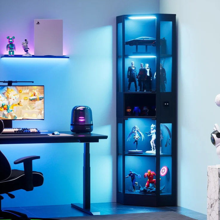 Fünfstöckige Glasvitrine mit Stauraum, LED-Beleuchtung, Glastüren und intelligenten Sensoren, Geeignet für Wohnzimmer, Schlafzimmer und Büros. Schwarz.--Schwarz--57x40x165cm--YOUDENOVA – Bild 2