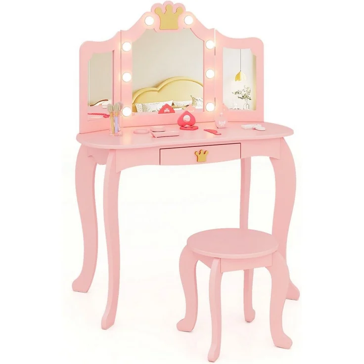 COSTWAY Schminktisch Kinderschminktisch mit Hocker, mit LED Beleuchtung – Bild 5