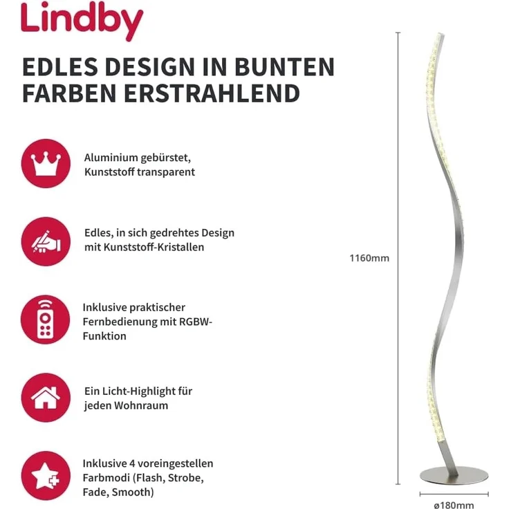 Lindby Stehlampe Criostal, Enthalten, LED 9 W gesamt, Farbwechsel RGB + weiß – Bild 2