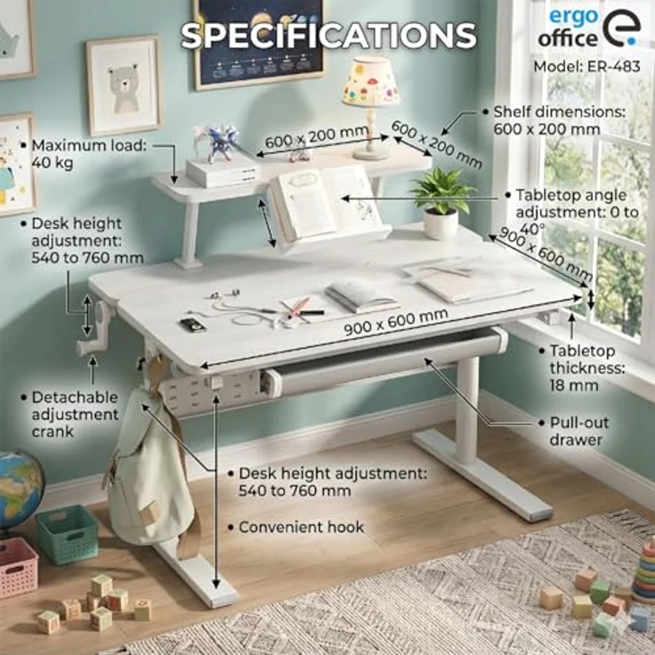 Ergo Office Kinderschreibtisch ER-483, ergonomisch mit Höhenverstellung 54-76 cm und Neigungsverstellung bis 40°, inkl. Ablage und Schublade – Bild 11