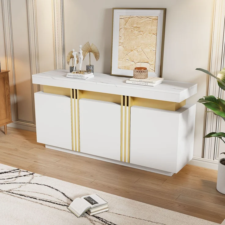 ZUBALIYA Sideboard 140x38x70 cm, mit 3 Türen, aus Spanplatte, Weiß – Bild 24