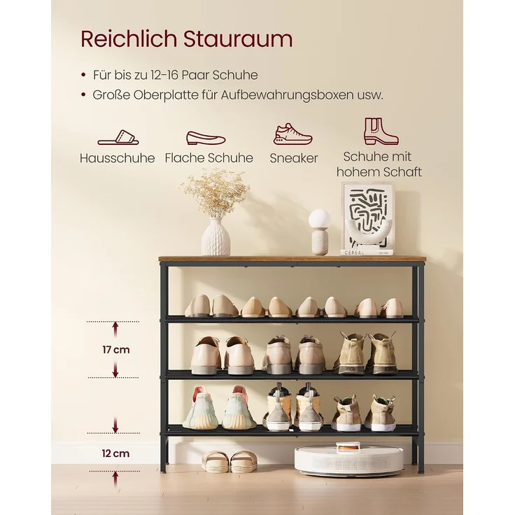VASAGLE Schuhbank, Schuhaufbewahrung, Schuhregal, Metallrahmen, 4 Ebenen, für bis zu 12-16 Paar Schuhe, braun-schwarz – Bild 4