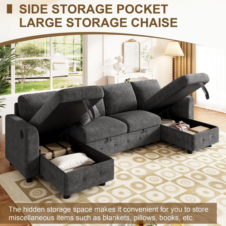 ZUBALIYA Schlafsofa 61x107 cm, mit USB - Anschluss, mit Stauraum, mit Ausziehbett, mit Chenille - Bezug, mit breiten Armlehnen, Grau – Bild 23