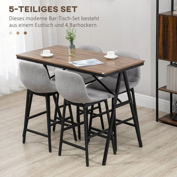 HOMCOM Bargruppe Bartisch mit Barhockern im Industrie-Design, (5-tlg), Hellbraun+Hellgrau+Schwarz – Bild 3