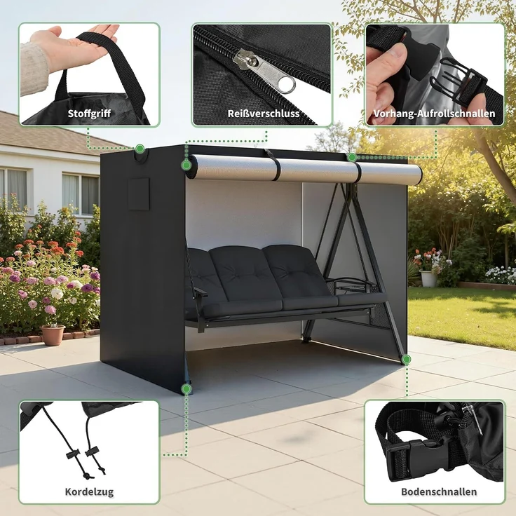 M MCombo Hollywoodschaukel Abdeckung 2-3 Sitzer, Abdeckplane Wasserdicht & UV-Beständig für Gartenschaukel 8003 8007, Reißfeste Schutzhülle 4001 (Oxford, Schwarz) – Bild 6