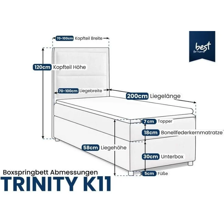 Best for Home Boxspringbett Trinity K-11 SINGLE mit Bettkasten & Bonellfederkern, Topper 7 cm H3 (Hotelbett, Einzelbett, Kinderbett, Juniorbett, 70x200 80x200 90x200 100x200 cm), verschiedene Liefermöglichkeiten, TOP Preis-Leistungs-Verhältnis – Bild 2