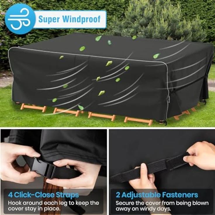 Velway Gartenmöbel Abdeckung Wasserdicht 200 x 160 x 74 cm - Winddicht Schutzhülle mit Reflektierender Streifen 600D Oxford Möbelsets Abdeckung Staubfest Abdeckhauben für Gartentisch Sitzgruppe Schwarz – Bild 6