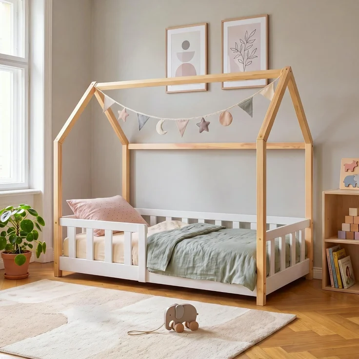 Hausbett Hesel mit Rausfallschutz 70x140 cm Weiß/Natur [en. casa] – Bild 1