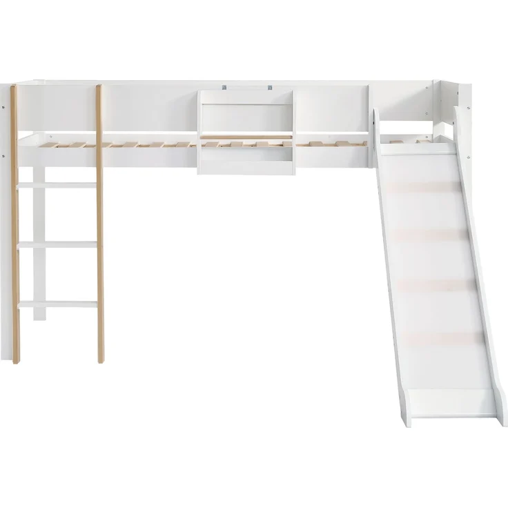 Hochbett Kinderbett 90x200 mit Rutsche, Leiter und Regal, aus Kiefer MDF, Etagenbett Jugendbett, weiß-natur – Bild 5