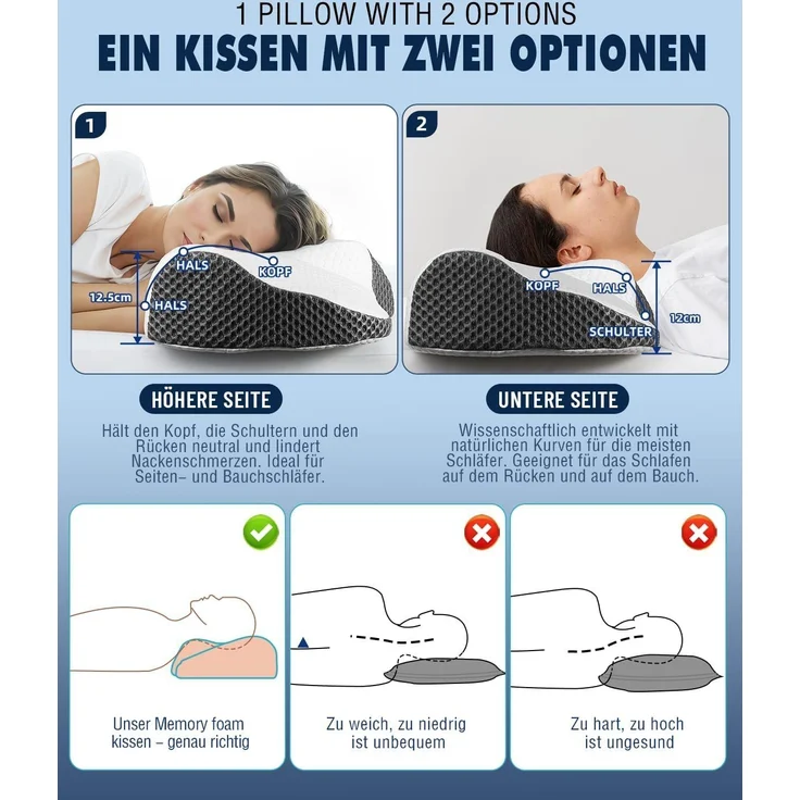 Kopfkissen Nackenkissen, Kopfkissen Memory Foam, Kopfkissen fur Seiten Rucken Bauchschlufer (65.8 x 35.6 x 12.5/12.2cm) – Bild 5