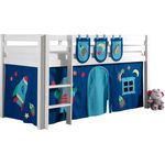 Spielbett Pino mit Textilset Vorhang und 3 Taschen "Astro", Kiefer massiv weiß lackiert