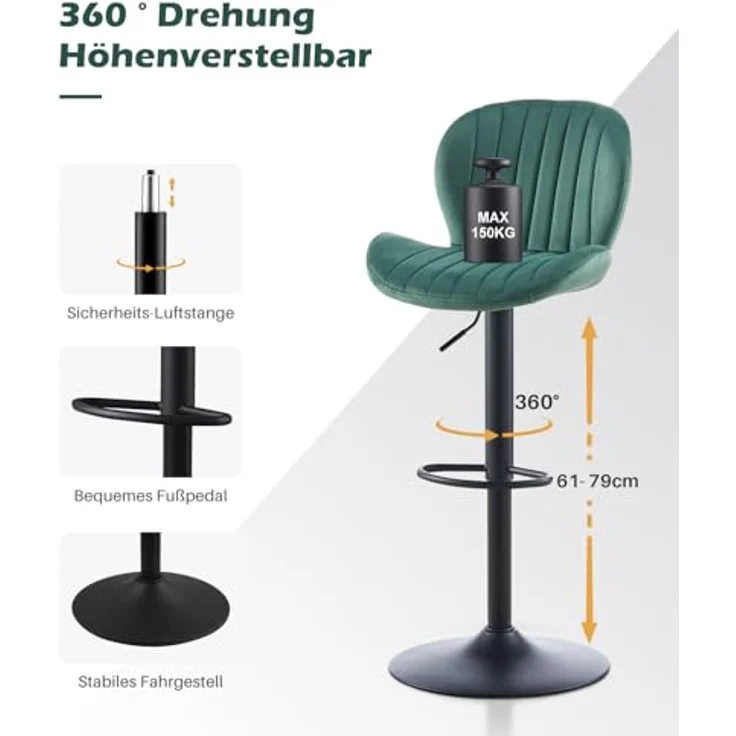TUKAILAI Barhocker 2er Set aus Samt, Barstuhl Höhenverstellbar，360°Drehbar, Hocker mit lehne,fußstütze,metallrahmen, Gepolsterter Küchenhocker Tresenhocker, Bar Chair für Küche Bars, Grün – Bild 8