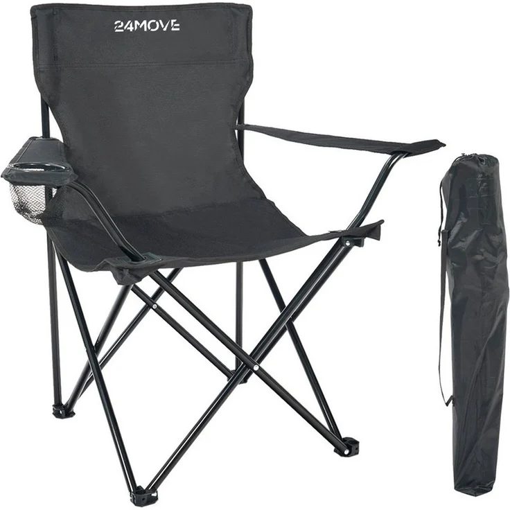 24Move Campingstuhl 24MOVE® Campingstuhl faltbar,Anglerstuhl,Liegestuhl mit Getränkehalter (bis max. 100 kg), mit Tragetasche, schwarz, Klappstuhl, bis 100kg belastbar – Bild 1