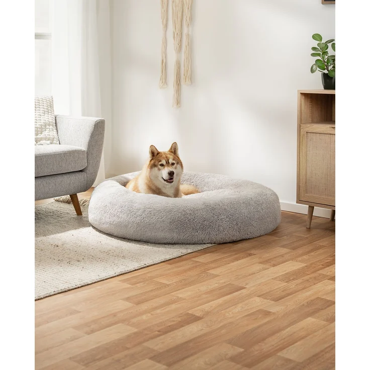 lionto Donut Hundebett, rundes Hundesofa mit Plüschbezug & Anti-Rutsch-Noppen, weich & gemütlich, 120 cm Durchmesser, hellgrau – Bild 2