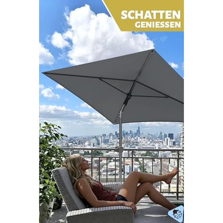 Menz Sonnenschirm Balkon - 3-IN-1 Sonnenschutz Balkon SET in Anthrazit, UPF 50+ Sonnenschirm rechteckig 200x125 cm + kompakter Sonnenschirmhalter Balkongeländer + Sonnenschirmhülle – Bild 4