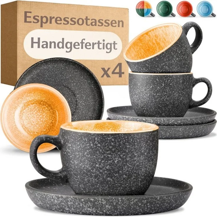 Cosumy Cappuccinotasse Espressotassen mit Untertassen 4er Set - 90 ml Keramik gelb, 8-tlg, Keramik, Warm – Bild 4