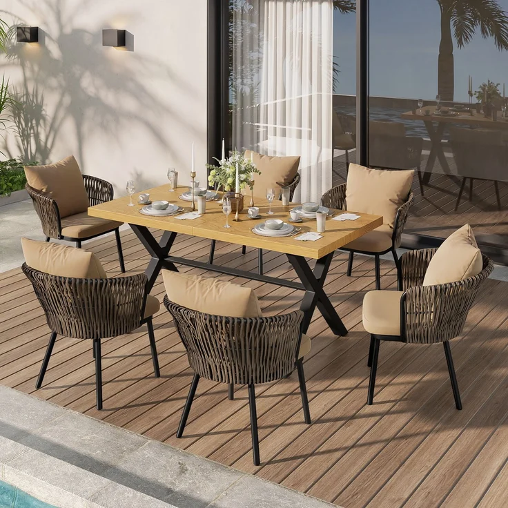 LVHOM Garten-Sitzgruppe für 6 Personen, Gartenmöbel Set inklusive Gartentisch & 6 Rattan-Sessel, Aluminium-Rahmen, Skandinavisches Design – Bild 8