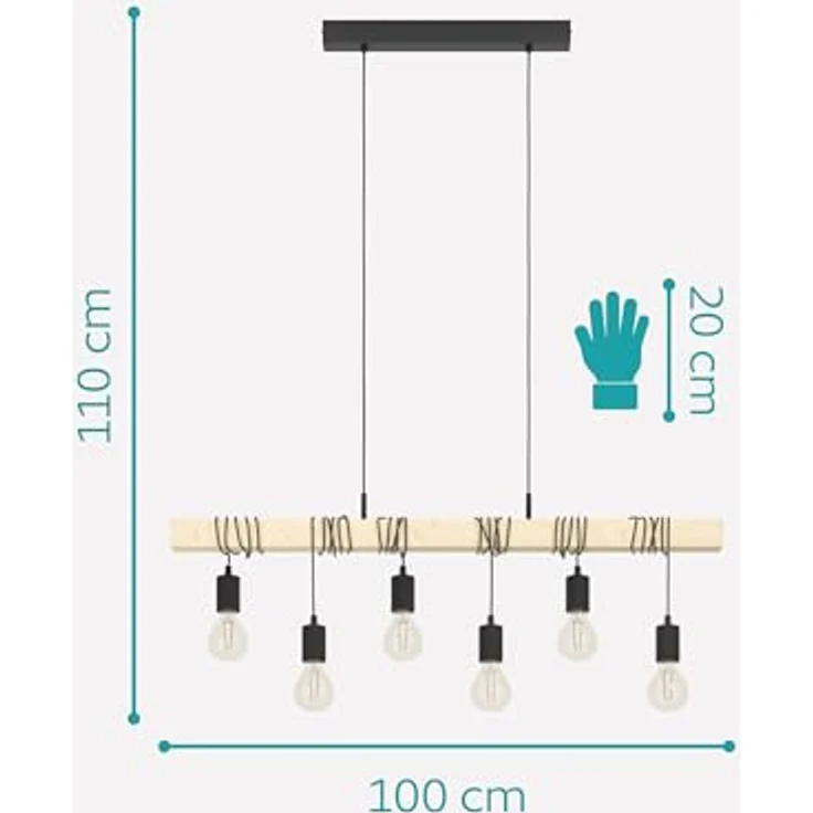 Eglo 95499 Pendelleuchte Townshend Stahl schwarz, Holz braun E27 6X40W L:100cm H:110cm dimmbar – Bild 6