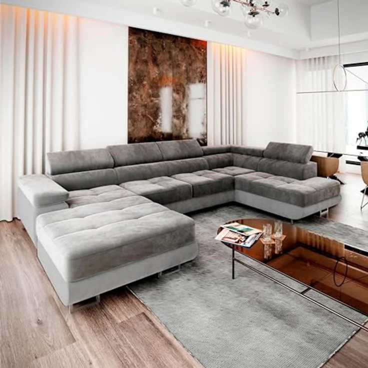 Masseno Ecksofa CASONE U-Form, mit Schlaffunktion und Bettkasten, eleganter Stoff in trendigen Farben – Bild 2
