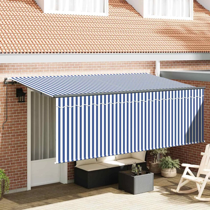 Einziehbare Markise, Sonnenmarkise Gestreift Blau 350x200 cm Stoff – Bild 1