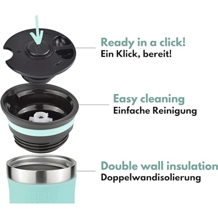Milu Thermobecher Isolierbecher Kaffeebecher to go - 370ml - 100% Auslaufsicher - Trinkbecher aus Edelstahl - Autobecher doppelwand Isolierung - Thermo Becher - Travel Mug - (Türkis, 370ml) – Bild 6