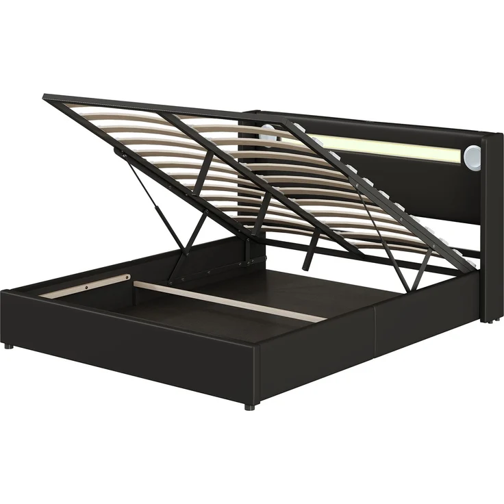 Polsterbett 160x200 Bett mit LED-Lichtleiste, Bluetooth-Player und USB-Aufladung, Stauraumbett aus PU-Leder, Hochbettkasten, Doppelbett mit Lattenrost Schwarz – Bild 9