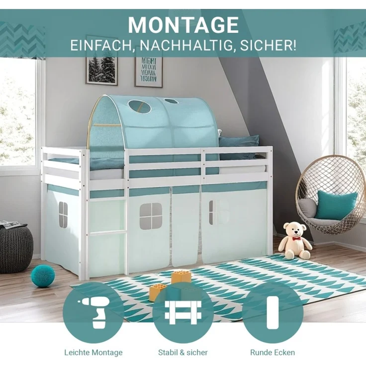 Hochbett Kinder 90x200 cm mit Matratze Kinderbett Kinderhochbett Stockbett Tunnel Vorhang Grün Mintgrün Holz Massiv Lattenrost – Bild 5