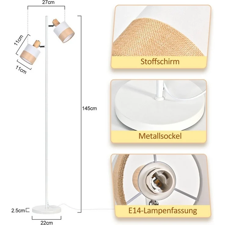 Nettlife Stehlampe Vintage Stehleuchte aus Holz mit 2 E14 Fassungen & Fußschalter, LED wechselbar, für Schlafzimmer (ohne Leuchtmittel) – Bild 2