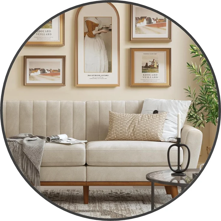SONGMICS 76 cm d Spiegel rund, runder Spiegel, Wandspiegel, Metallrahmen, einfache Montage, modern, für Bad, Wohnzimmer, Schlafzimmer, Flur, Eingangsbereich, tintenschwarz LWM103BD03