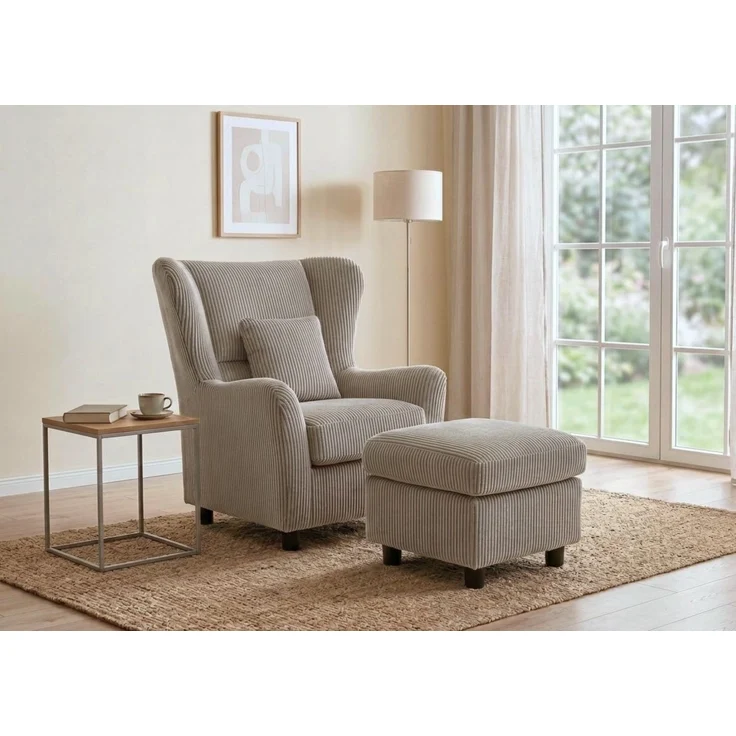 Ohrensessel mit Hocker, Taschenfederkern, Landhausstil Lesesessel, Cord in Taupe – Bild 2