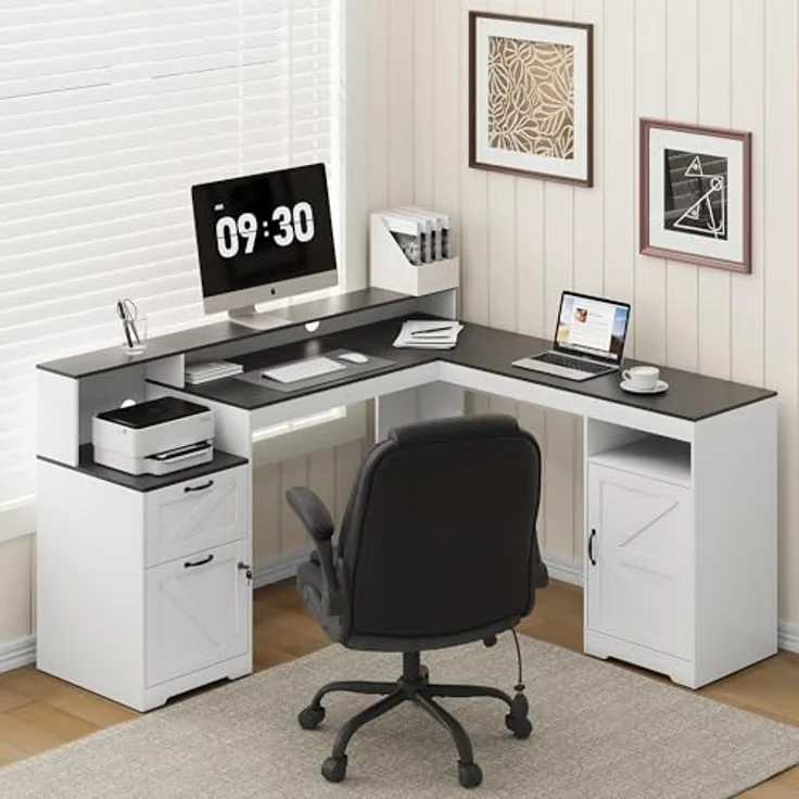 COLAMY 160 cm Landhaus L‑förmiger Schreibtisch, Eckschreibtisch mit Schubladen und Ablageboden, Home‑Office Schreibtisch mit Steckdose, Monitorständer, Holzmaserung Desktop, Weiß & Schwarz – Bild 1