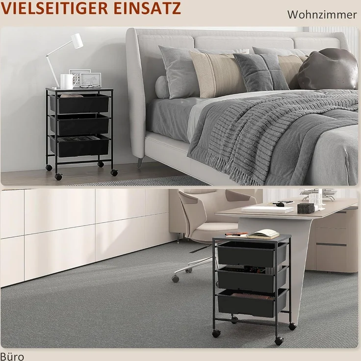 HOMCOM Servierwagen mit Rädern, 3-Lagerkörben und Stahlrahmen, (Rollwagen, 1 St, Aufbewahrungswagen), für Küche, Wohnzimmer, 40,8 x 33,5 x 60,5 cm, Schwarz – Bild 5