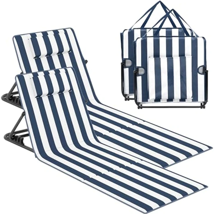 SONGMICS Strandstuhl, 2er Set, Campingstuhl, Sonnenliege, Strandliege, klappbar, verstellbare Rückenlehne, leicht tragbar mit Griff, für Camping, Garten, Pool, 158x55 cm, blau-weiß gestreift – Bild 2