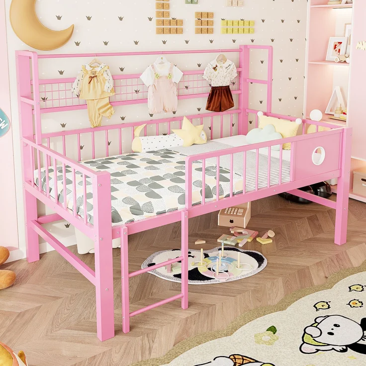 EINHOM Kinderbett 90 x 200 cm, Niedriges Hochbett mit Metallrahmen und Ablagefächern, Geeignet für Kinder und Jugendliche. Rosa (Ohne Matratze) – Bild 3