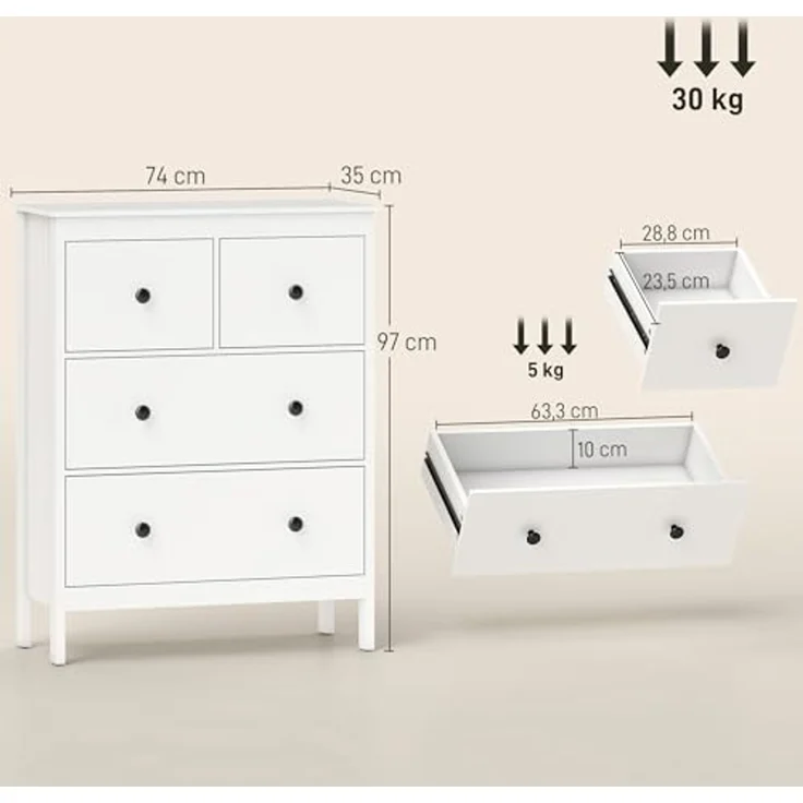 HOMCOM Kommode Sideboard mit 4 Schubladen Moderner Aufbewahrungsschrank (Schubladenschrank, 1 St, Sideboard), für Wohnzimmer Schlafzimmer Flur 74 x 35 x 97 cm Weiß – Bild 3