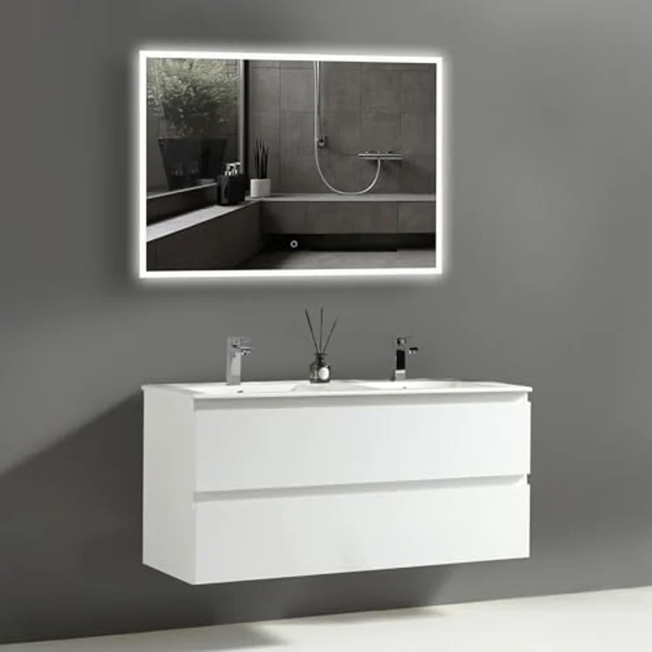 Alpenberger Badezimmer-Set Badezimmer Möbel Badschrank, (Badezimmer Spiegel mit Led, Keramik Waschbecken mit Überlauf), Doppelwaschtisch 120 cm Breit - Weiß Glänzend – Bild 2