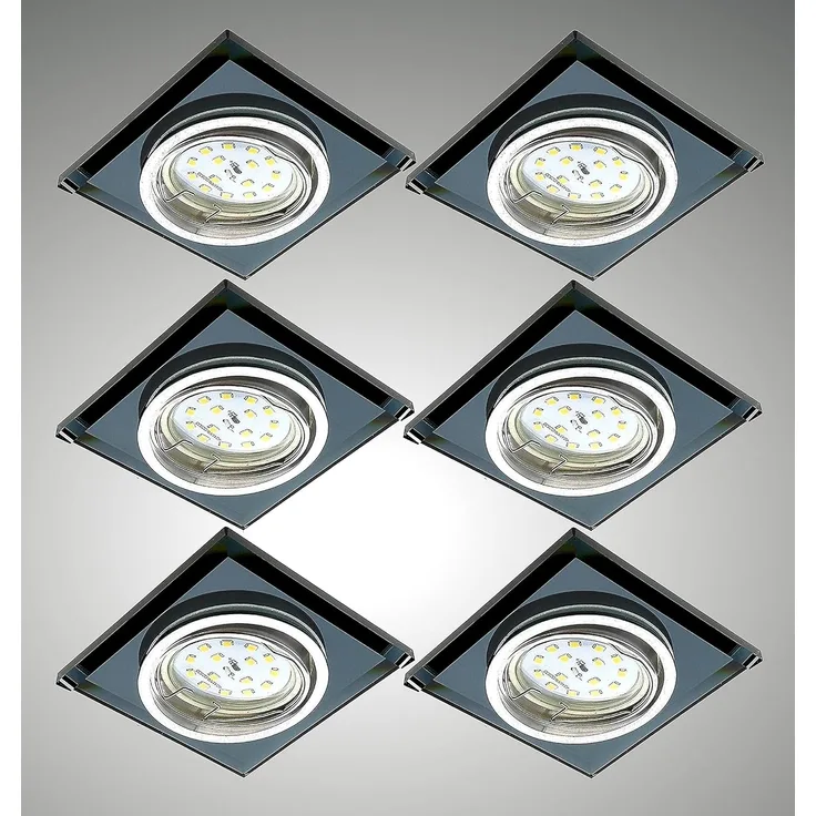 TRANGO LED Einbauleuchte, 3 Stufen dimmbar, 6er Set 6736S-06MOSD *BLACK CRYSTAL* LED Deckenstrahler aus schwarzem handgeschliffenem Glas & Alu inkl. 6x 3-Stufen dimmbar Ultra Flach LED Modul, 3000K warmweiß, Einbauspot, Deckenleuchte