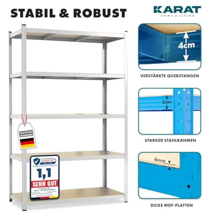 KARAT Schwerlastregal, 180 x 90 x 60 cm Steckregal, Kellerregal, Lagerregal, Metallregal - aus Stahl Metall - 5 verstellbare Böden (Verzinkt) – Bild 3