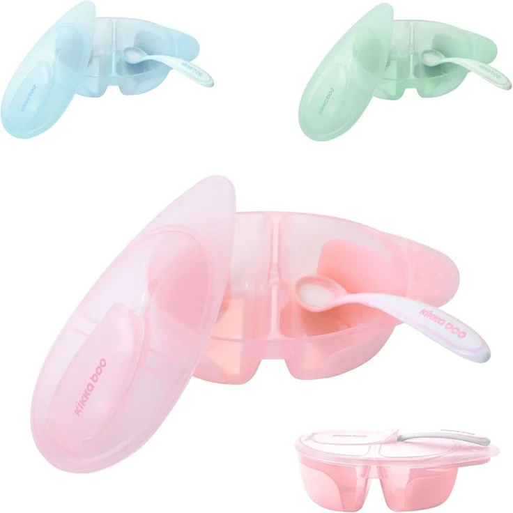 Kikkaboo Kinderschüssel Tasty Doppelkammer, Löffel, Deckel, großes Fach 150 ml rosa – Bild 1