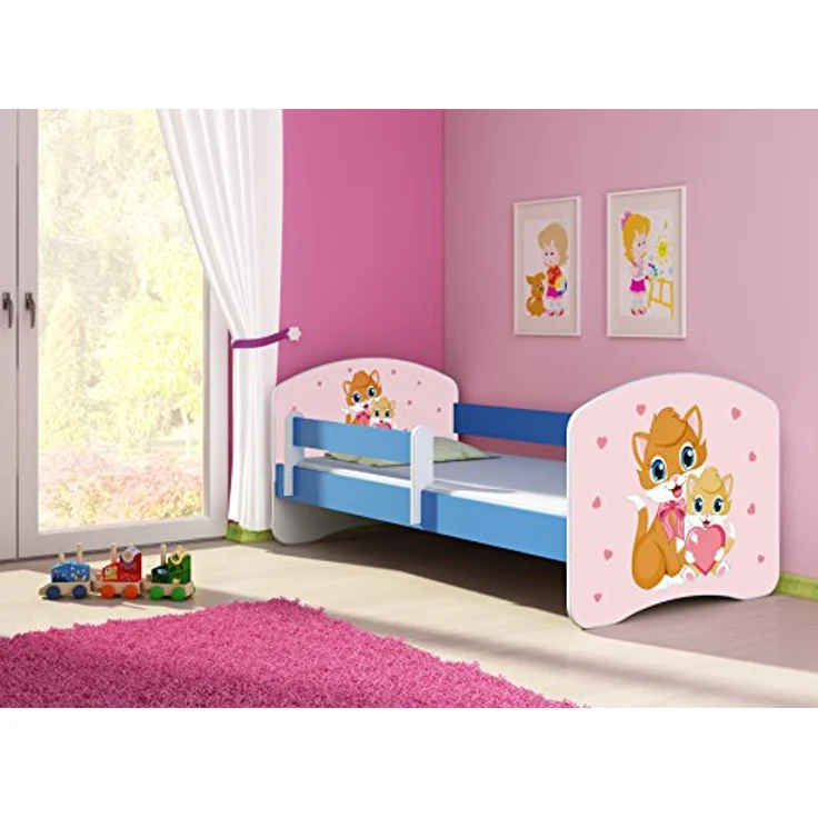 ACMA Kinderbett Jugendbett mit Einer Schublade und Matratze Blau mit Rausfallschutz Lattenrost II 140x70 160x80 180x80 (33 Miezekatzen, 140x70) – Bild 3