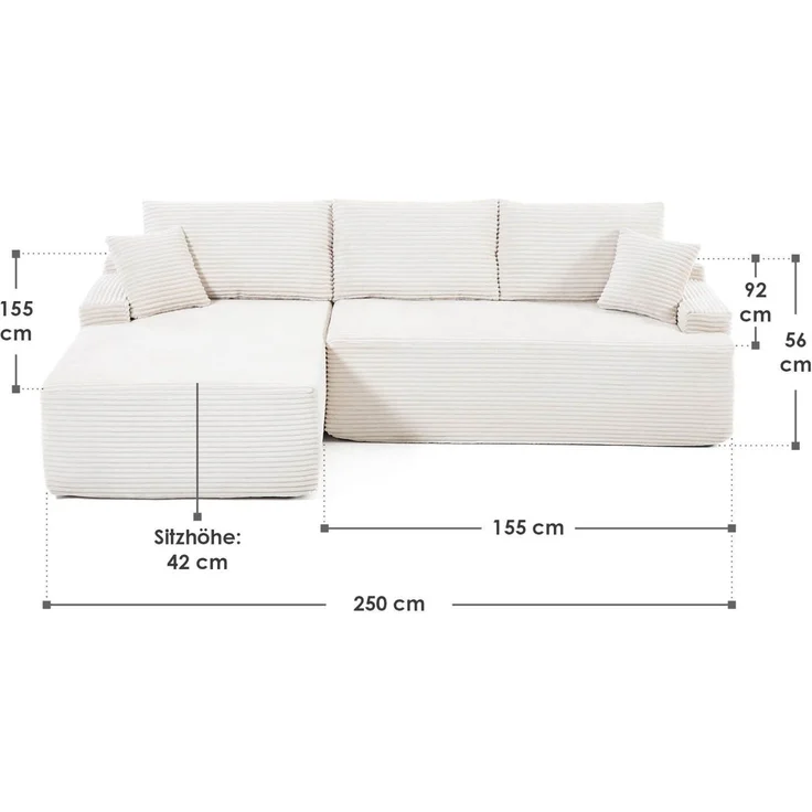 Juskys Sofa Coredo - modernes Cord Sofa mit Ottomane links, gemütliche Couch mit Schaumstoffpolsterung, Cordbezug & Kissen, modular - Creme – Bild 10