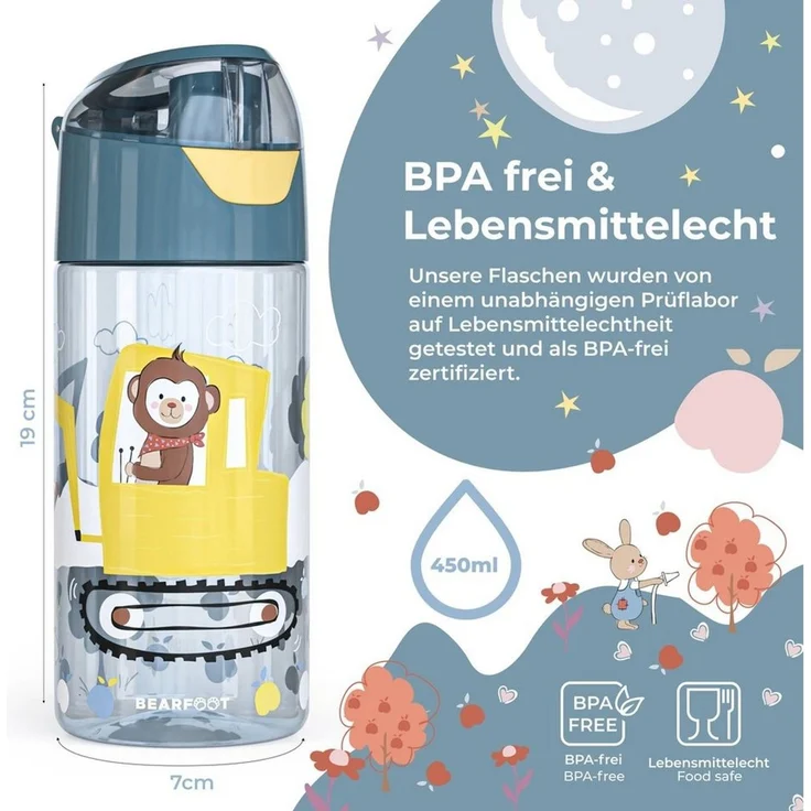 BEARFOOT Trinkflasche Trinkflasche Kinder, leichte Wasserflasche - Bagger & Affe – Bild 3