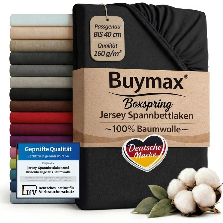Buymax Spannbettlaken Boxspringbett 90x200-100x220 cm, 100% Baumwolle Jersey, 160 g/m², Oeko-TEX, für hohe Matratzen, Schwarz – Bild 1
