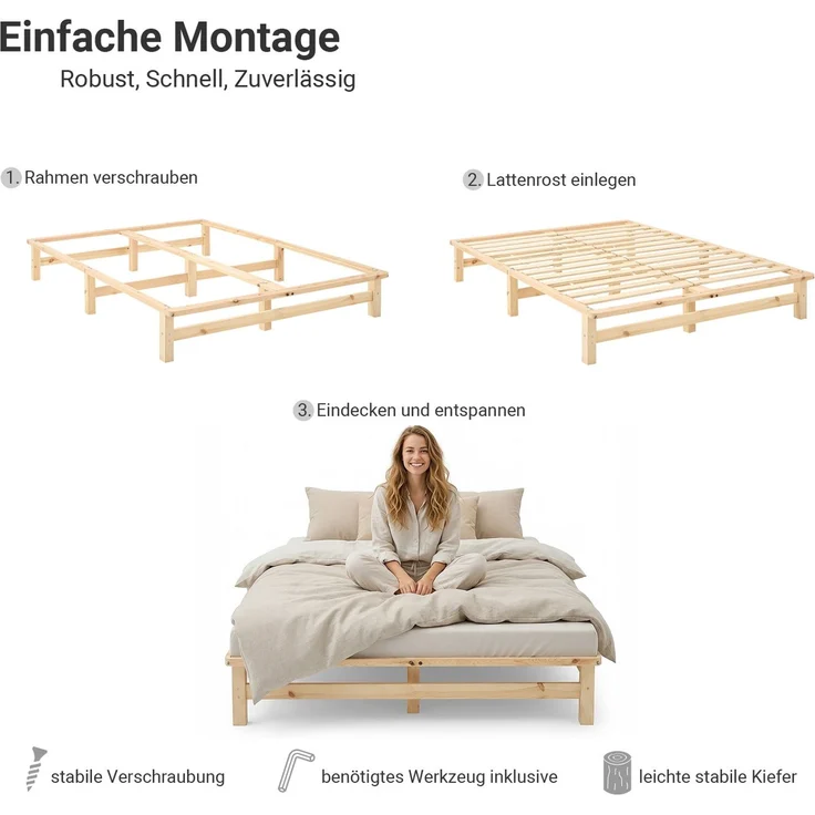 Holzbett 160x200 mit Lattenrost Doppelbett Holz Natur Bett Massiv Palettenbett Bettgestell Holzbettrahmen – Bild 7