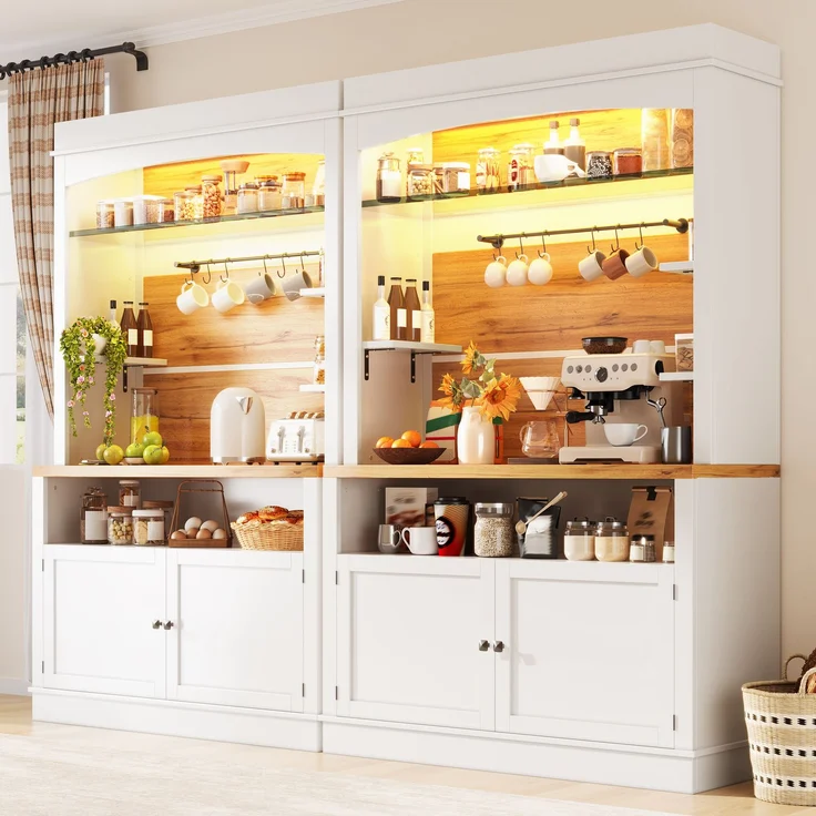 EINHOM Set mit 2 Hochschränken mit LED-Beleuchtung, 184 cm hoher Buffetschrank mit Glasregal & Hakenleiste, Weiß, Belastbar bis 60kg – Bild 1