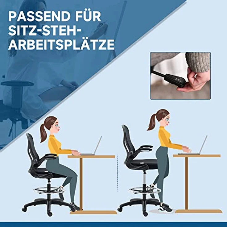 Vinsetto Ergonomischer Bürostuhl, Schwarz, höhenverstellbar mit Mesh-Gewebe und klappbaren Armlehnen, 65x122x59 cm – Bild 5