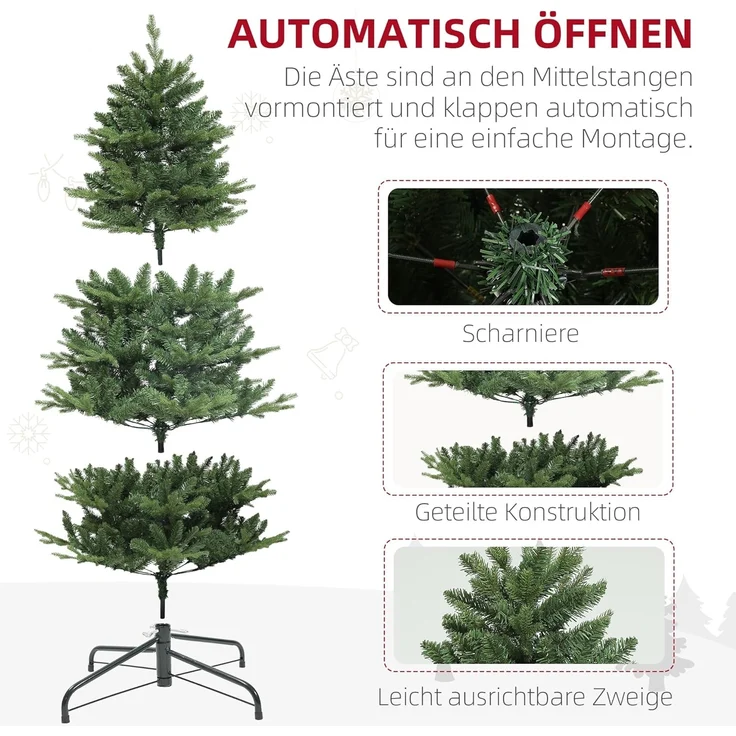 HOMCOM Künstlicher Weihnachtsbaum 180 cm, mit 818 Spitzen, Schnellaufbau Klappsystem, Stahlständer, Künstlicher Baum, für Weihnachten Deko, Indoor, Grün – Bild 5