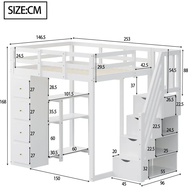 Kinder Hochbett aus Massivholz 140x200 cm mit Sicherheitsleiter, Schubladen & Regal – Stauraumbett, Jugendzimmer,weiß – Bild 4