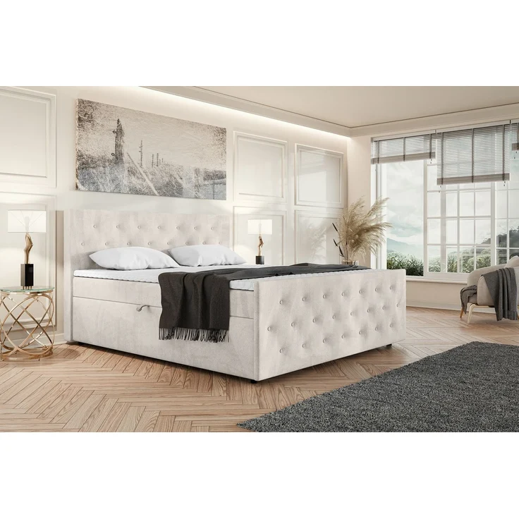 MEBLINI Boxspringbett PEDRO 180x200cm - H3P/Beige Samt - mit Bettkasten - Polsterbett - Doppelbett mit Topper & Taschenfederkern-Matratze – Bild 1