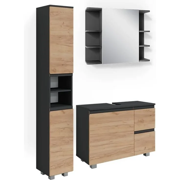 Badmöbel-Set J-Shape Anthrazit/Goldkraft Eiche 3-teilig Vicco